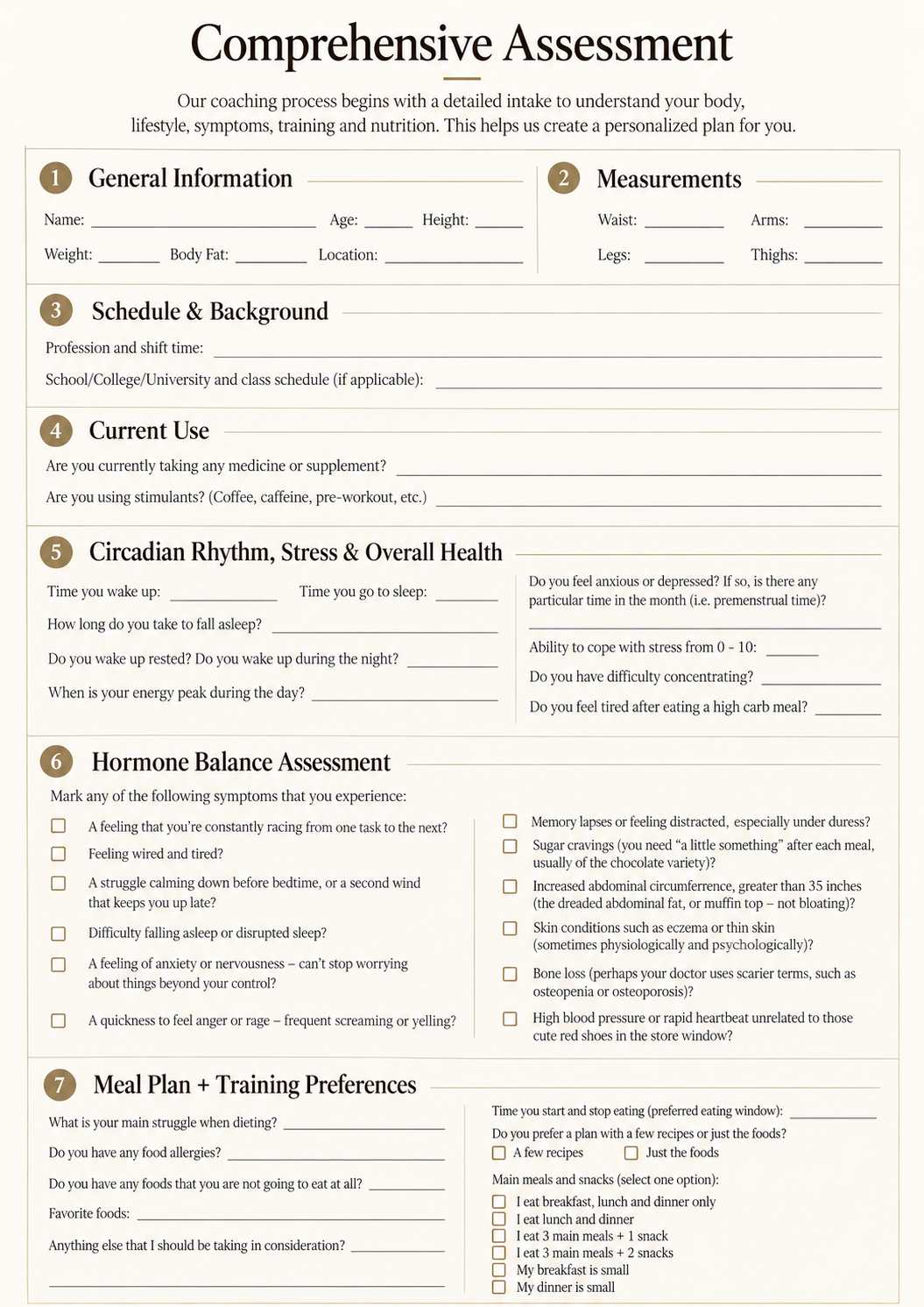 Comprehensive wellness assessment form